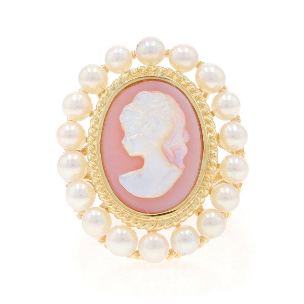 Yellow Gold Mother Of Pearl  Cultured Pearl Halo Ring  14k Silhouette Cameo